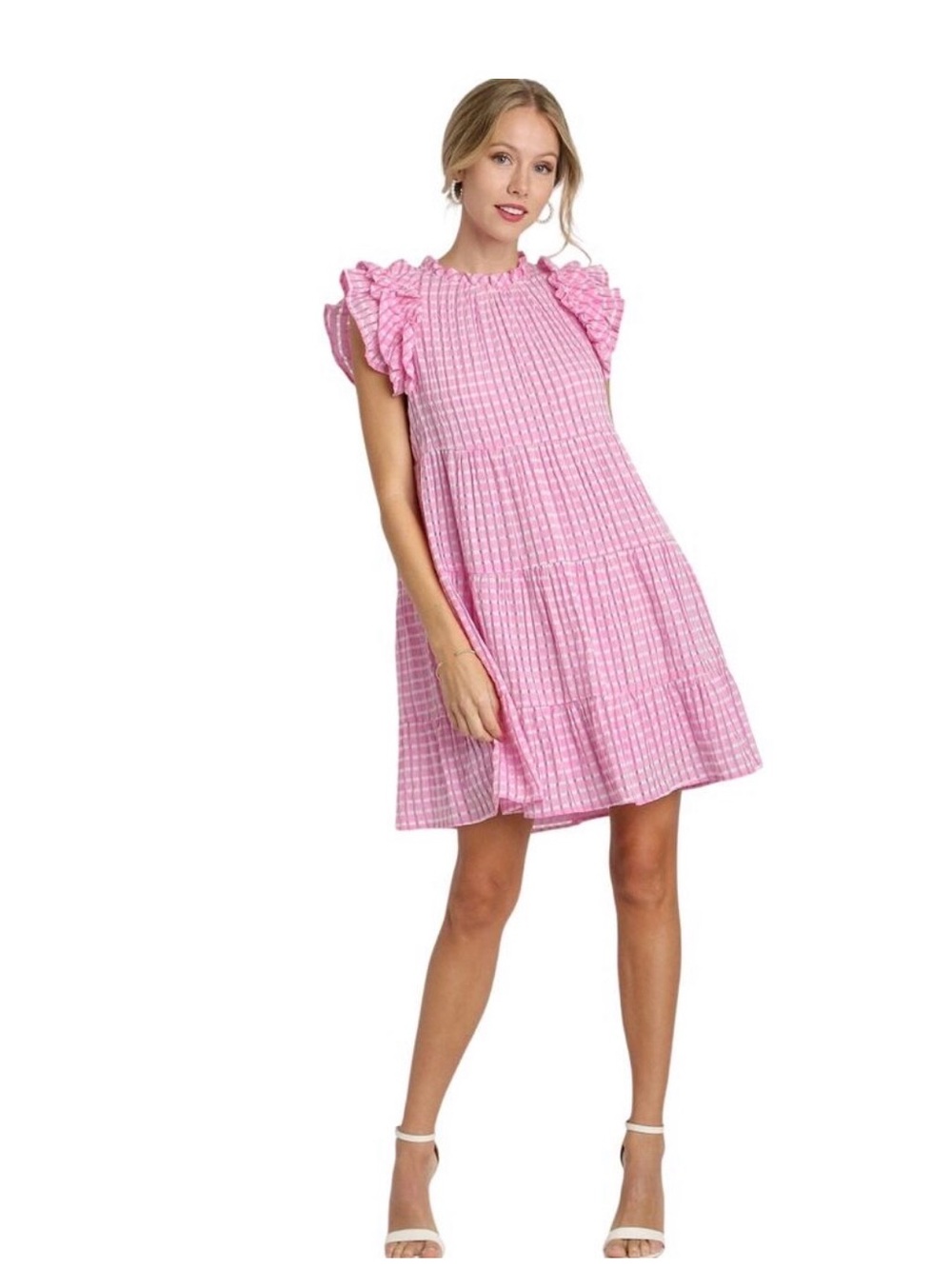Umgee Pink Gingham Ruffle Sleeve Tiered Dress